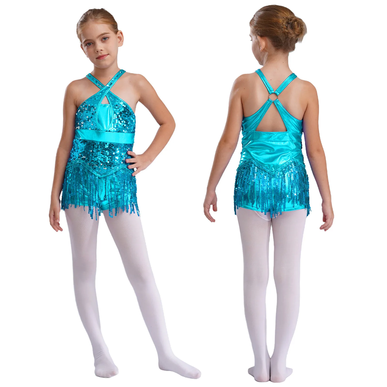 Kids Girls Sequins Tassel Latin Jazz Dance Leotard Dress Cha-Cha Rumba Samba Tango Bodysuit Party Stage Performance Dancewear