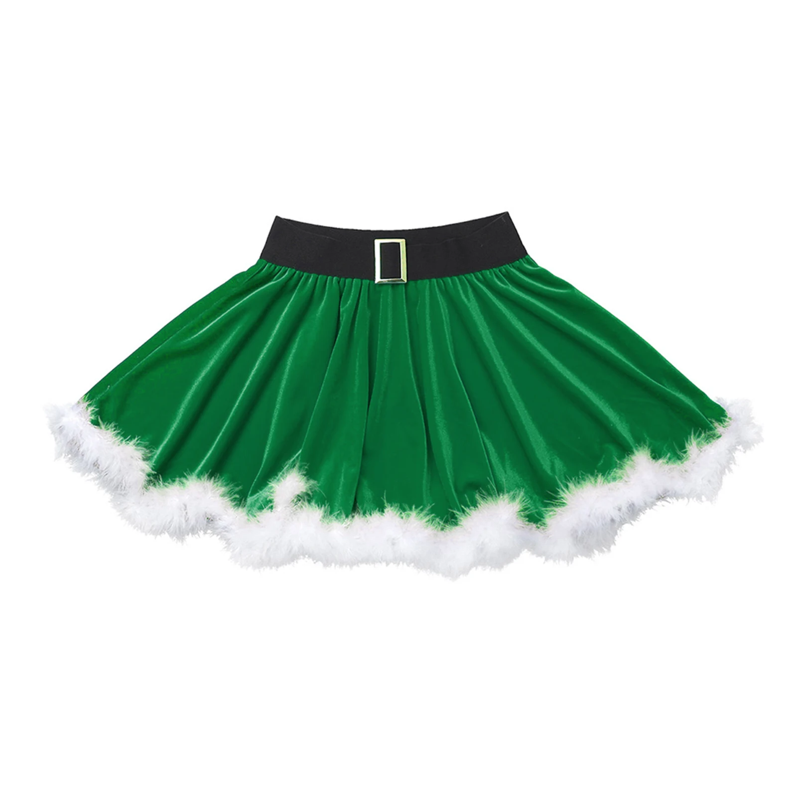 Kids Girls Christmas Classic Costume Black Metal Button Belt White Feather Trim Edge Solid Color Short Pleated Skirt