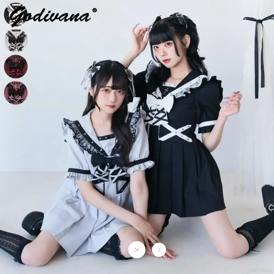 

New Sweet Bowknot Short Sleeve Sailor Collar Slim Pleated Dress Lolita Lace Splicing Japanese Mine Delicate Lolita Strap Dresses