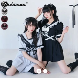 New Sweet Bowknot Short Sleeve Sailor Collar Slim Pleated Dress Lolita Lace Splicing Japanese Mine Delicate Lolita Strap Dresses