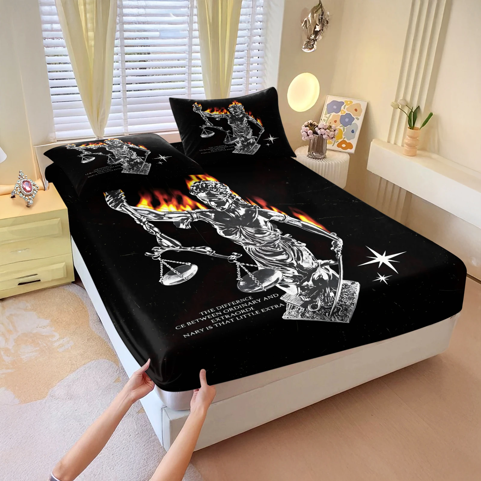Gothic Dark Lady Justice Statue Printed Fitted Sheet Set 3 Pieces Flame Scales of Justice Elastic Deep Pocket Mattress Cover
