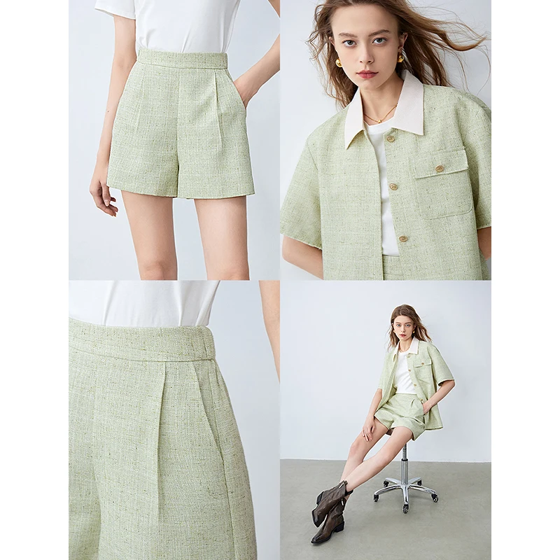 TOYOUTH Women Short Sleeve Shirt Two-piece Set 2024 Summer New Green Office Lady Working Sets