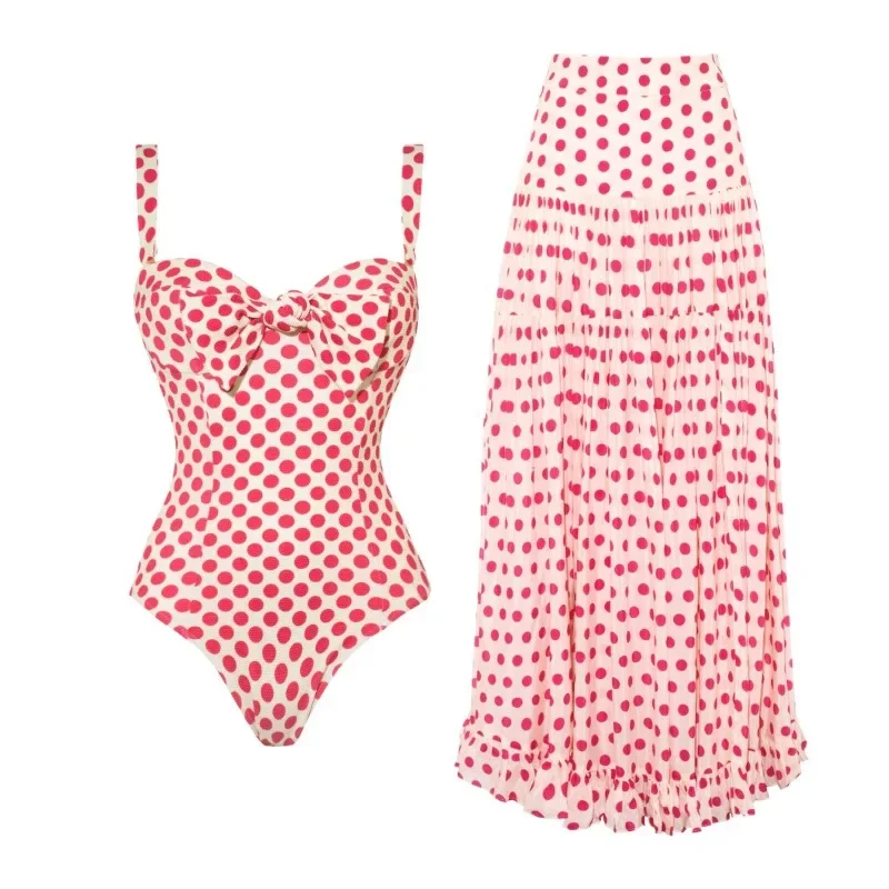 Strapless Polka Dot Printed Swimsuit Set for Women, Valentine's Day Holiday, One-Piece, Fresh, New, 2024