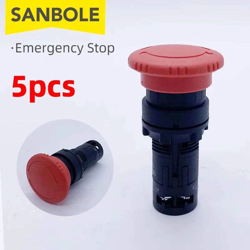 

5pcs Plastic Red Mushroom Head Emergency Stop Push Button Switch Open Hole 22mm Silver Contact Round NO NC XB7-ES545 542