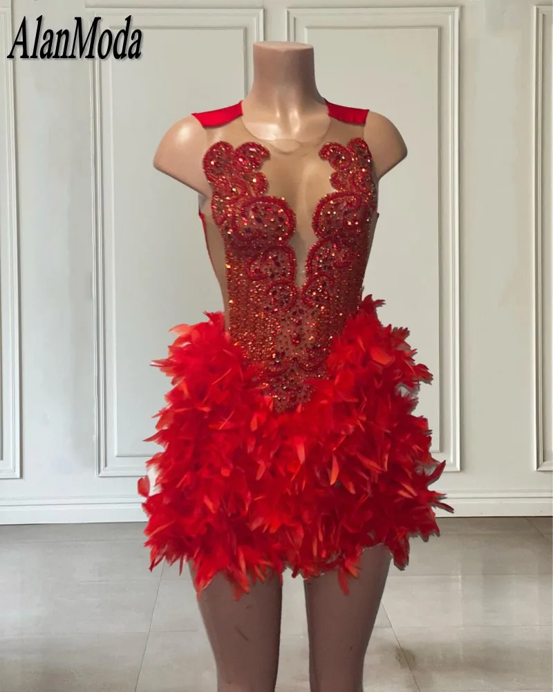 Red Rhinestone Birthday Dress For Women Luxury 2025 Feathers Short Prom Gowns Black Girls Party Dresses Cocktail Wear Customzied