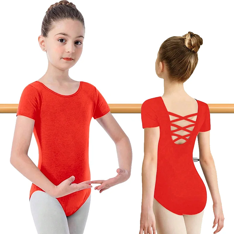 الفتيات فريق قصيرة الأكمام الباليه ملابس رقص الجمباز لفتاة الجمباز الرقص القمم مع الأشرطة المتقاطعة الظهر وبطانة ناعمة ثياب الرقص