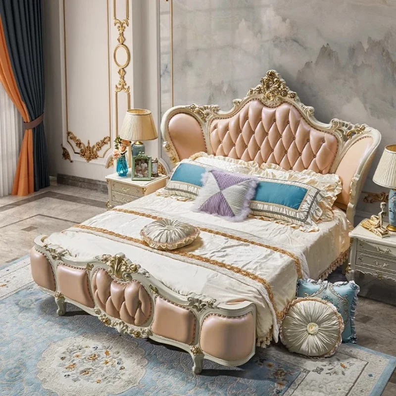 European Design Bed Double Princess Luxury Wedding Leather Frame Bed Bedroom Castle Lounge Letto Matrimoniale Hotel Furniture