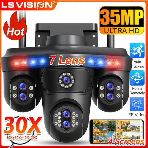 LS VISION-cámara IP WiFi de 35MP, Zoom 10X, 7 lentes, 4 pantallas, cámara de vigilancia exterior inalámbrica, PTZ CCTV, seguimiento automático, visión nocturna