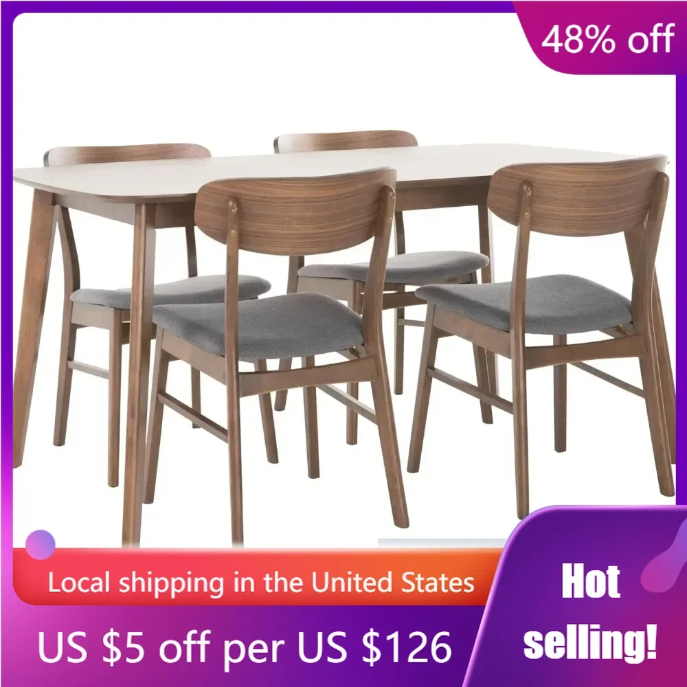 

5-Pcs Set Dining Table Lucious 60" Rectangular Dining Set Furniture Natural Walnut / Dark Grey Freight Free Room Home