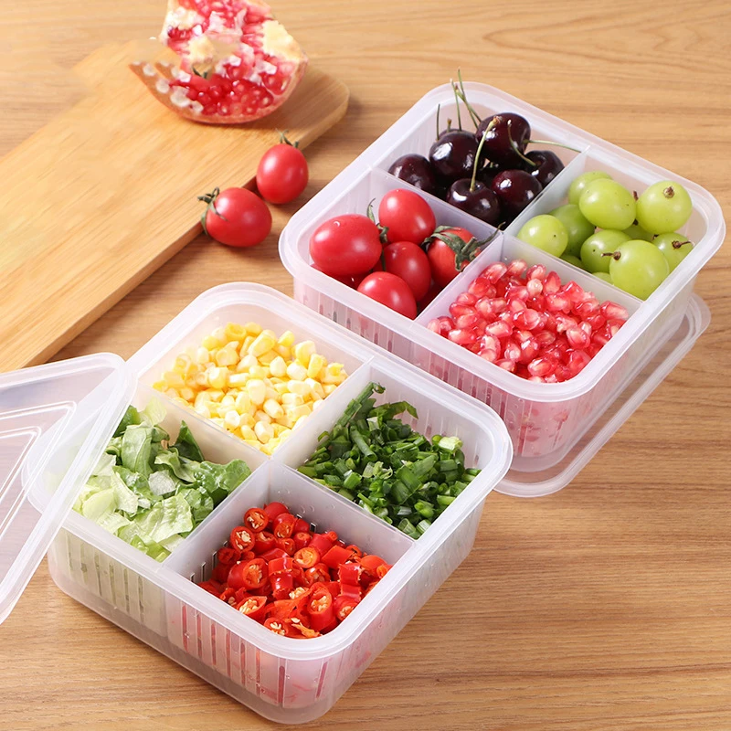 4 Grids Refrigerator Storage Box Food Vegetable Fruit Storage Box Fridge Organizer Drain Basket Meat Onion Ginger Clear Crisper