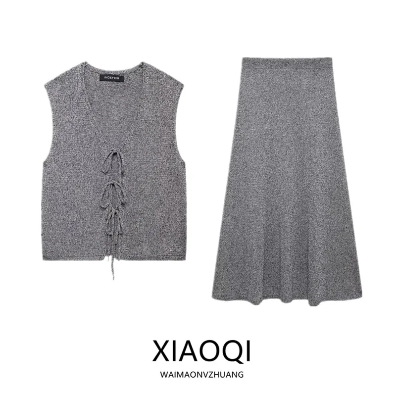 

Women's Knitted Vest Svel Open Cardigan mid Waist Skirt Faion Set Autumn 2024 New Arrival Ele Sle