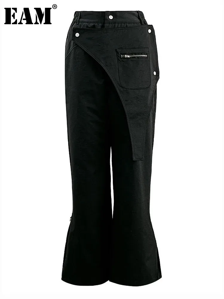 

[EAM] High Waist Black Detachable Pocket Long Wide Leg Casual Pants New Trousers Women Fashion Tide Spring Autumn 2024 CPG1662