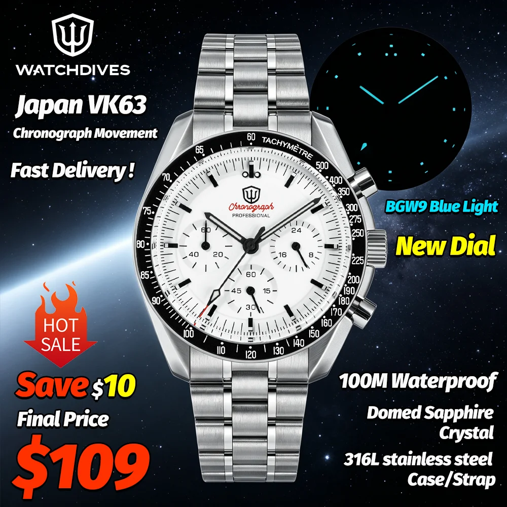 Watchdives WD1860 Sport-Chronographenuhren VK63 Quarz-Armbanduhr Ar Sapphire Bgw9 Edelstahl 200 m wasserdicht 40 mm Uhr