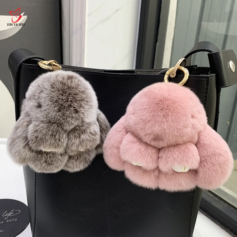 2024 Multicolor Rabbit Keychain Ring Fluffy Real Fur Pompon Bunny Trinket Key Chain Charm Cute Ring On Bag Car Key Pendant