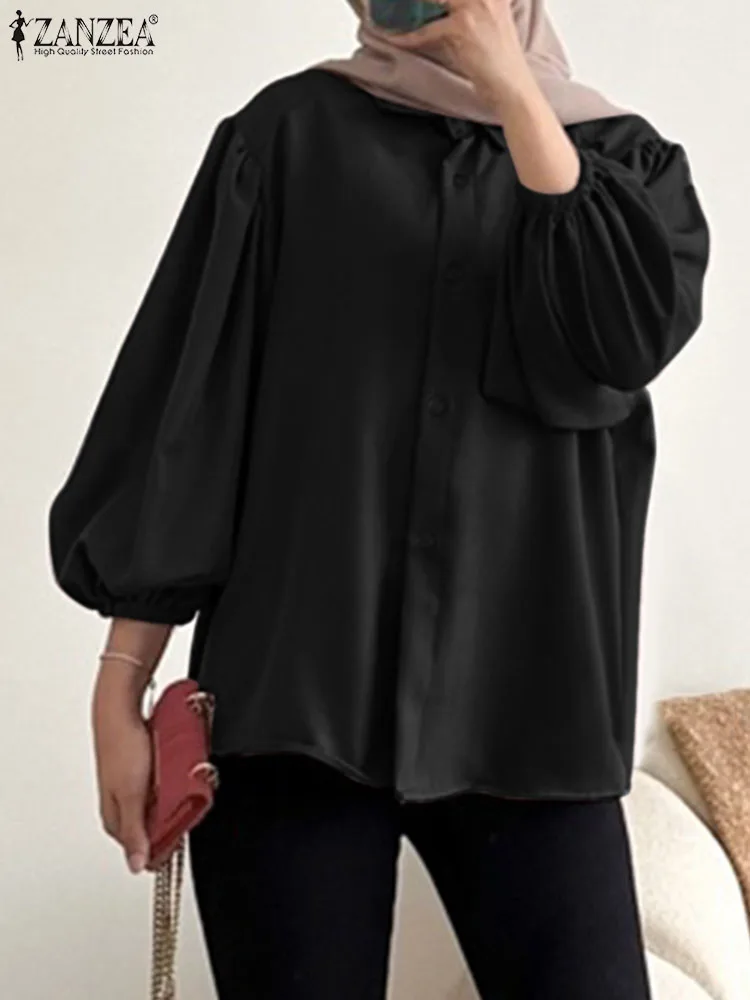 

ZANZEA 2023 Fashion Women Blouse Autumn Vintage Shirt Casual Muslim Abaya Tops Solid Eid Mubarek Lapel Neck Long Sleeve Blusas