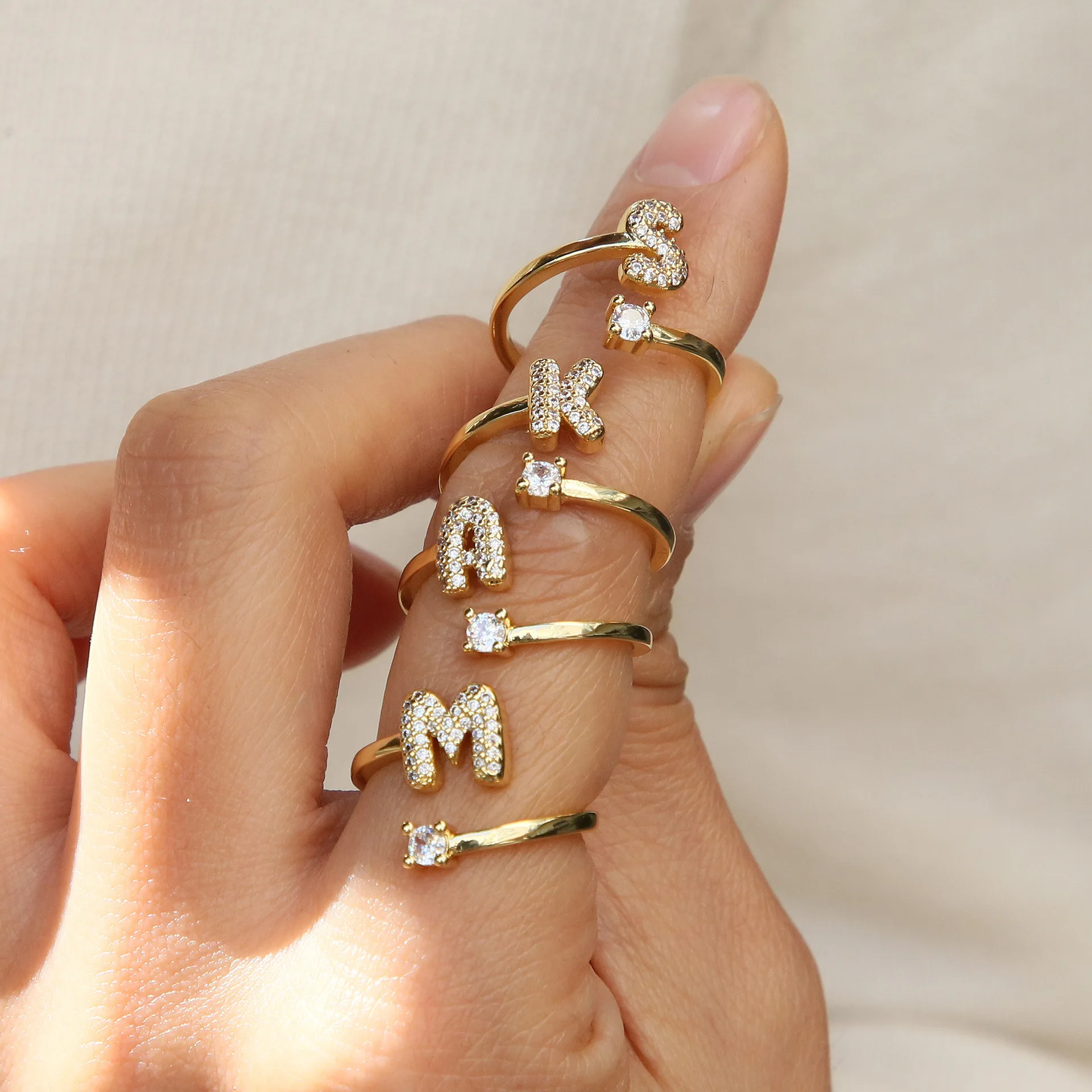 A-Z Letter Opening Rings for Women Inlaid Cubic Zirconia Mini Initial Alphabet Knuckle Ring Gold Plated Stanless Steel Jewelry