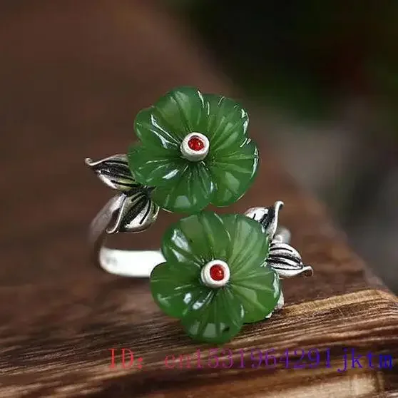 Green Jade Flower Rings Adjustable Ring Gift Chinese Women Jewelry Real Amulet Charm 925 Silver Natural Gemstones Amulets