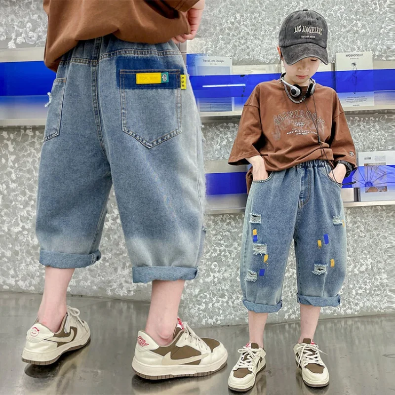 Boys' Summer Ripped Denim Shorts Multi Printed Patchwork Denim Middle Pants Teenagers Children Casual Bottoms 6-15 Years