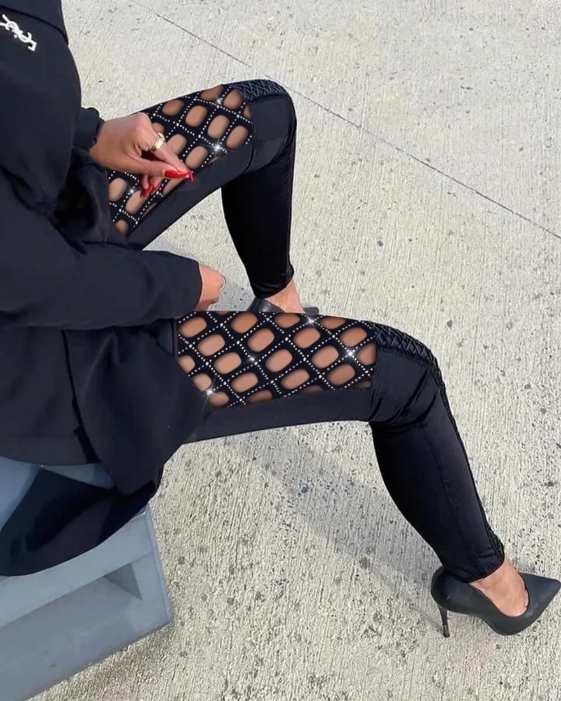 

Women's High Waist Skinny Pants Rhinestone Fishnet Patch Glitter Casual Pencil Trousers Y2K Style Spring Autumn Sexy Clothing