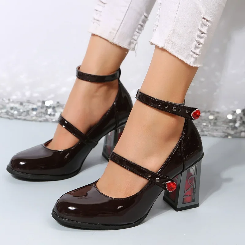 

Punk Gothic High Heels Pumps Woman Ankle Straps Black Mary Jane Shoes Women's 2026 New Rose Heeled Patent Leather Lolita Shoes