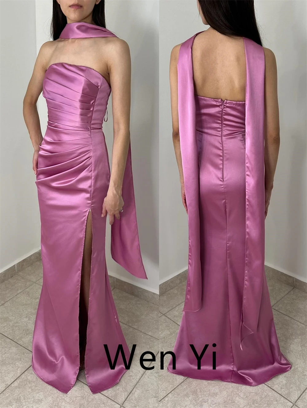 Customized Luxury Satin Evening Dresses Modern Strapless Sleeveless Celebrity Gowns Exquisite Sweep Train Special Occasion Gowns
