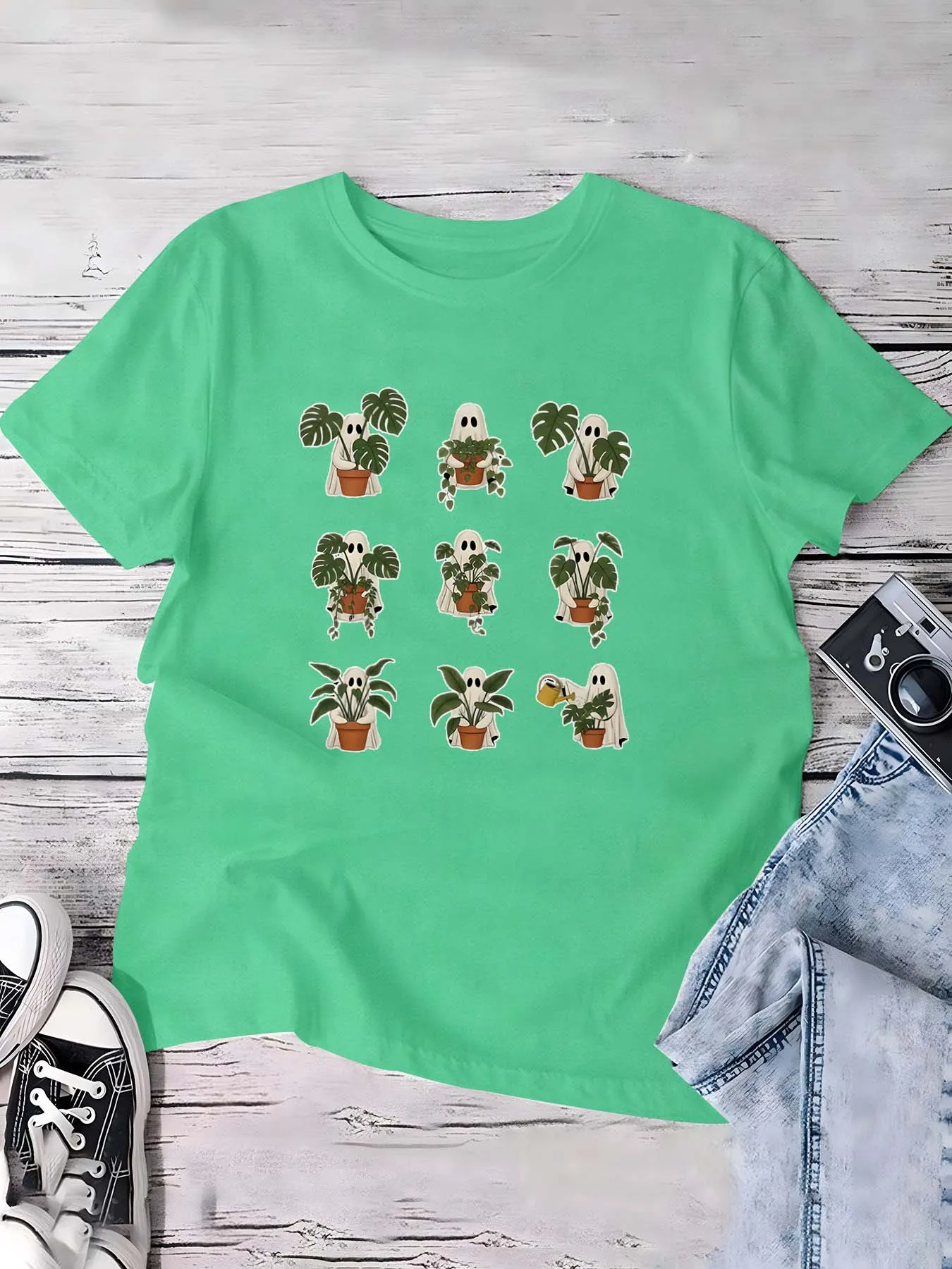 

Топ больших размеров с принтом призраков и растений на Хэллоуин, моторошный шарм с ботаническим приветствием, уникальное модное заявление