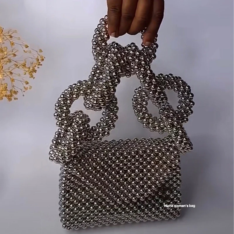 Vintage Silver Pearl Beaded Woven Big Handle Mini Box Bags Ladies Unique Shining Evening Party Designer Purses and Handbags