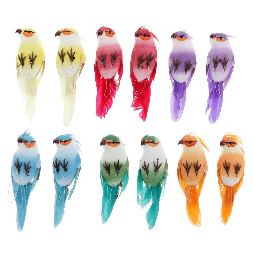 12 Pieces Multicolor Feathered Artificial Bird Parrots for home and garden Tree