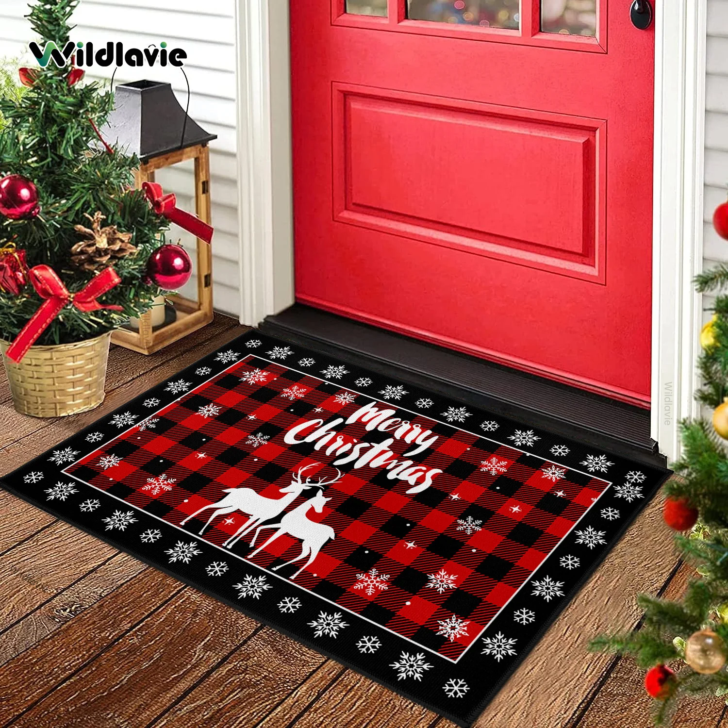 VIKAMA Tappeto zerbino natalizio a tema, tappeto ingresso soggiorno a quadretti rossi resistente all'usura, decorazione natalizia
