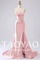 Elegant Pink Satin Mermaid Evening Dresses Sweetheart Off Shoulder High Split Wedding Guest Gowns Corset Pleated Party Dress