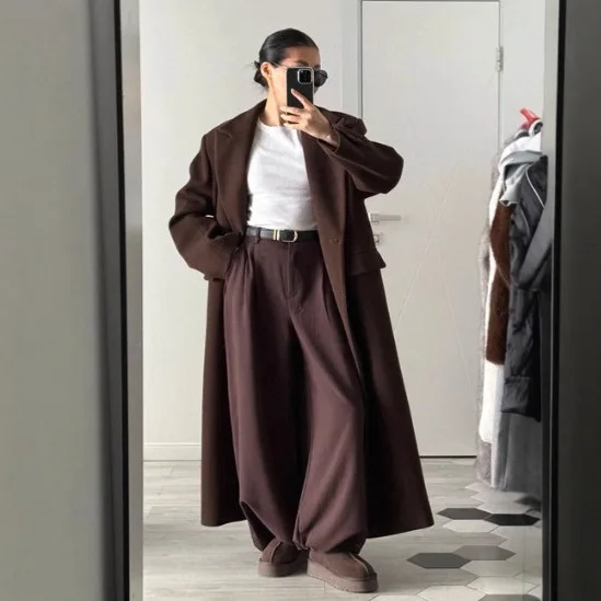 

Женские весенне-осенние драпированные брюки длиной до пола с высокой талией и пуговицами, элегантные прямые повседневные брюки, модные широкие брюки в стиле ретро