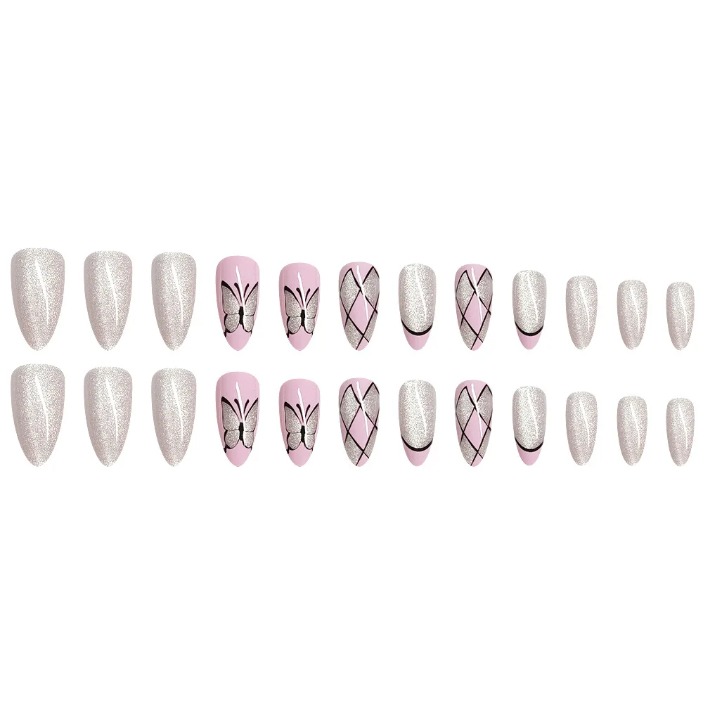 24szt Simple Plaid False Nail Tips Flash Cat's Eye Butterfly Pattern Press On Nails Pink Short Fake Nails For DIY Manicure Art