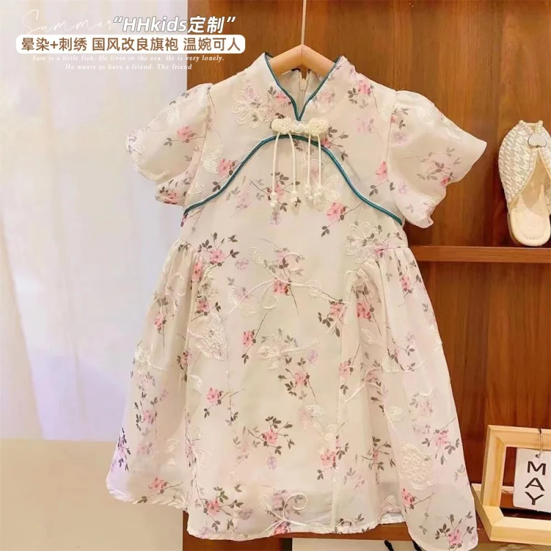 

New Girl's National Style Improved Stand Collar Vintage Embroidered Chinese Knot Buckle Cheongsam Dress2024Children Summer Cloth