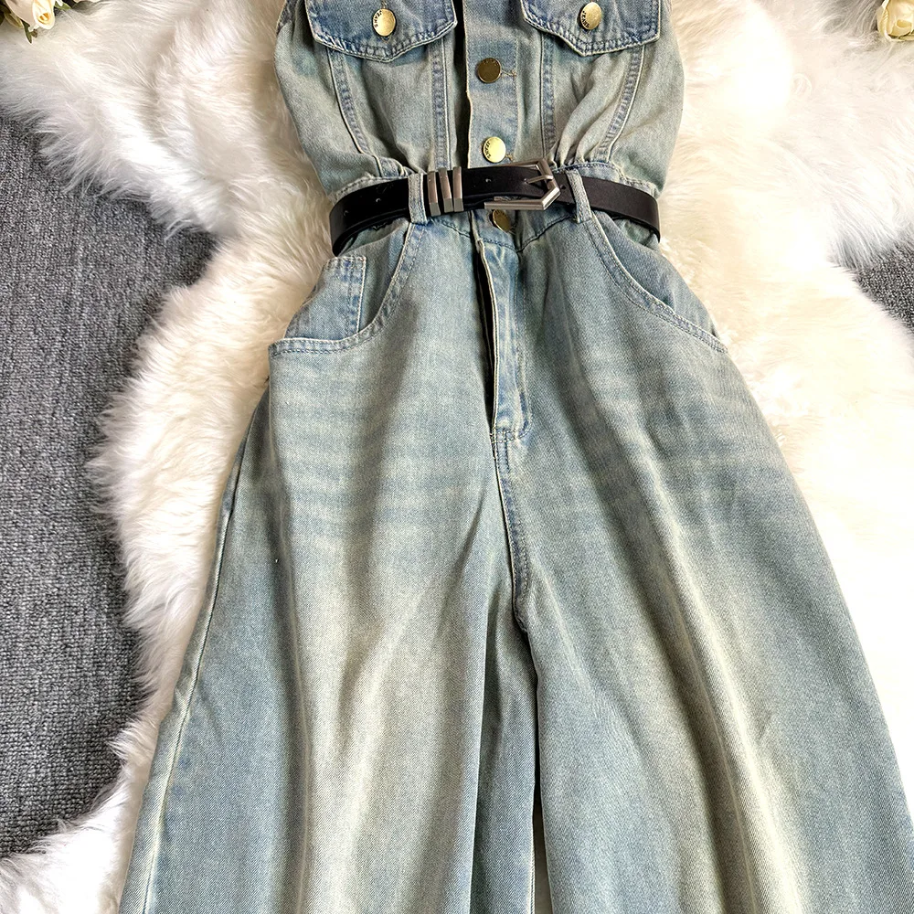 2025 ฤดูร้อนสไตล์ใหม่อารมณ์แขนกุด DENIM Romper,แฟชั่นผู้หญิง Street บุคลิกภาพสูงเอวยาวขากว้าง Jumpsuit