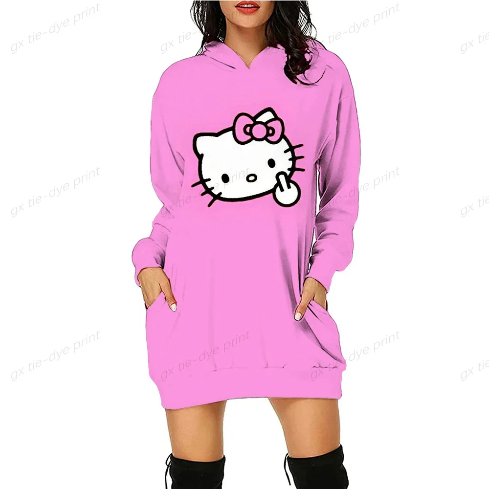 HELLO KITTY  Blocking Printed Sweatshirt Women Fashion Casual Long Sleeve O Neck Pullover Hoodies Autumn Slim Fit Hoodies Dress