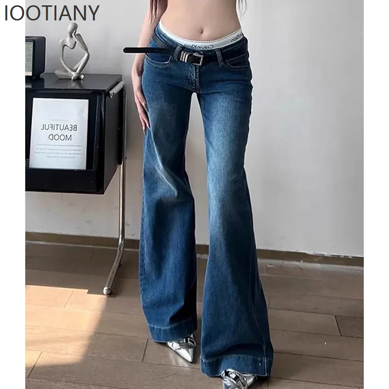 Sexy Slim Fit Low Rise Jeans Women Y2K Street Style Straight Leg Flare Pants Woman American Vintage Dark Blue Denim Long Jeans