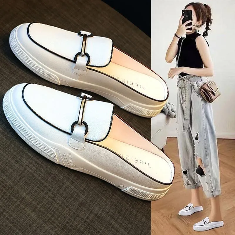 Junior Slides Leather Mules Round Toe Women\'s Slippers and Ladies Sandals White Black Non Slip 39 Natural Skin 2024 Luxury Shoes