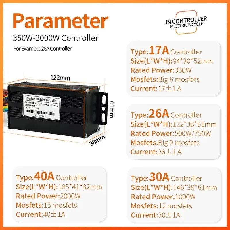 2026for JN 36V 48V 17A 40A 250W-2000W Three-Mode Sine Wave Ebike Controller with Learning Function and S866 Color Display Kit