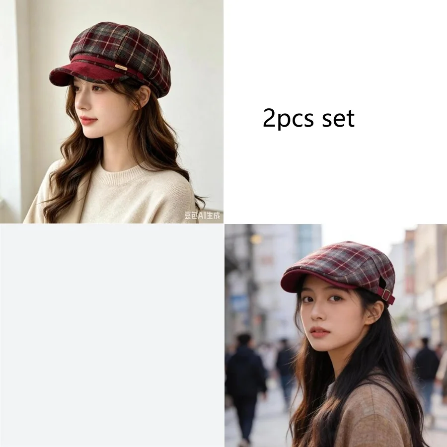 Japanese-Style Plaid Large-Brimmed Newsboy Cap Set for Outdoor Activities Sun Protection and Autumn/Winter Wear