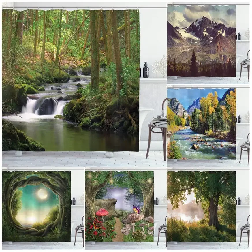 Nature Shower Curtains Stream Flowing in Forest Mossy Rocks Trees Foliage Splash Landscape Fabric Bathroom Decor Set with Hooks