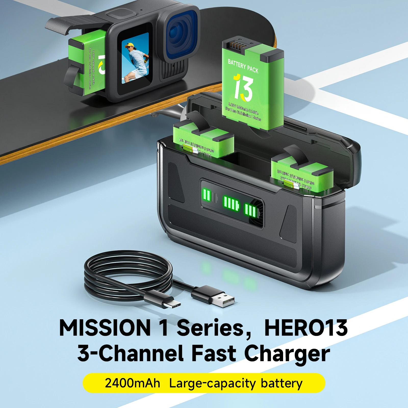2400mAh Capacity For GoPro Hero 13/ Mission 1 Camera Battery with 3-Channel Fast Charger for GoPro Hero 13 Camera Accessories