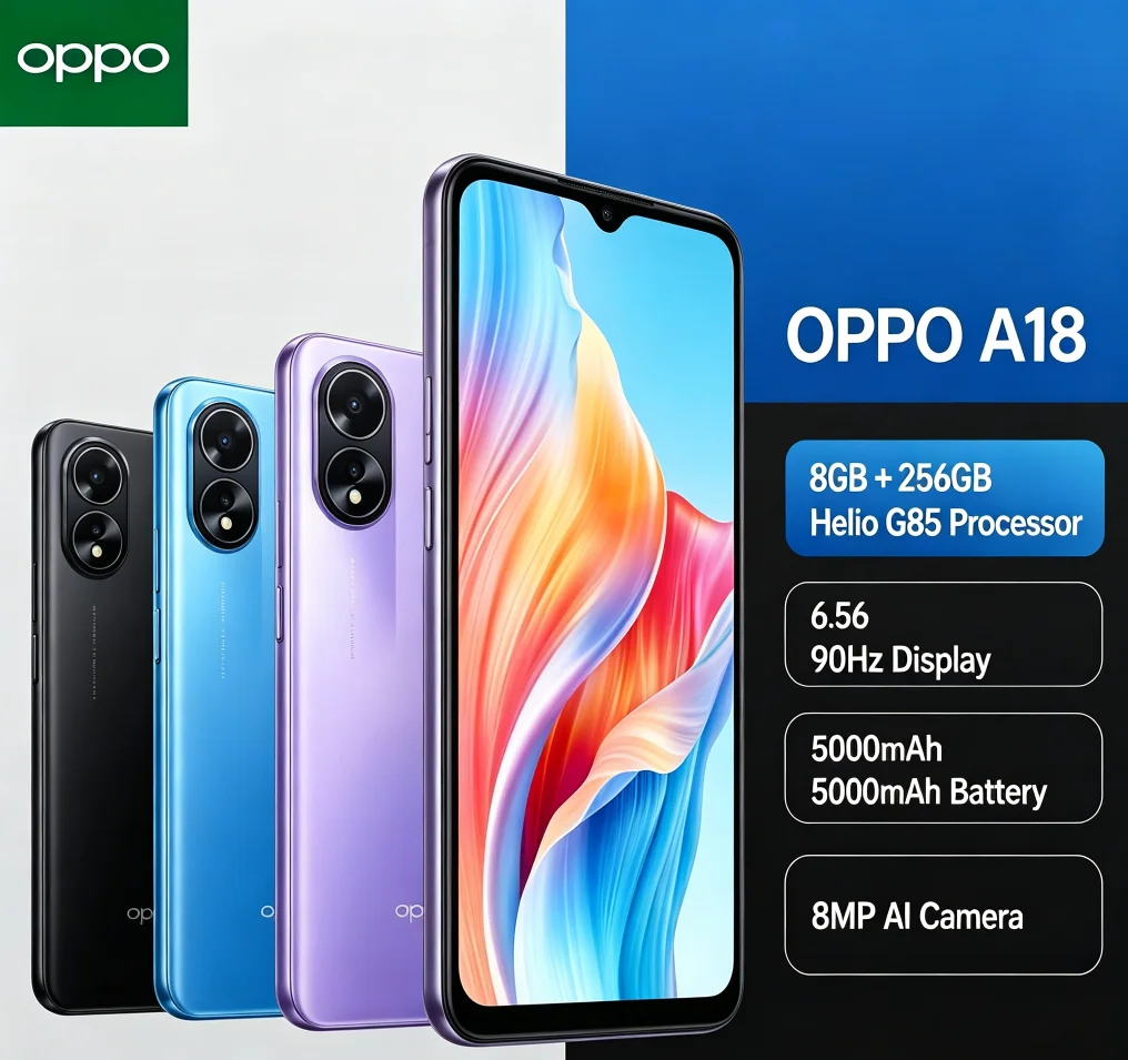 Viral Hot 2026 OPPO A18 Brand New Unlocked Mobile Phone 8GB+256GB Storage Dual‑SIM 6.5‑Inch HD+ Screen MediaTek Helio P35