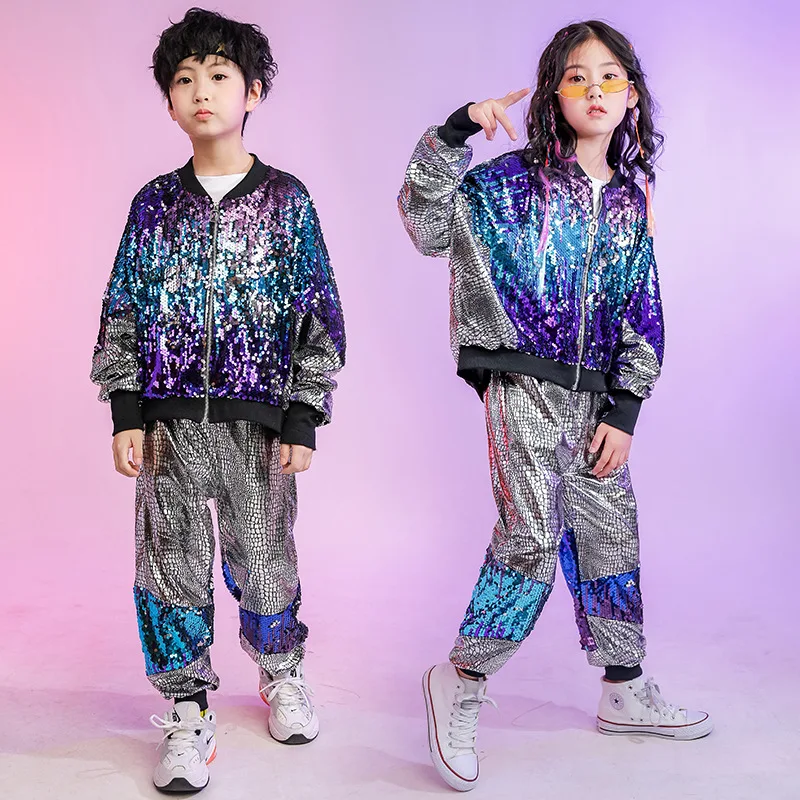 子供のためのジャズダンス衣装、ストリートパフォーマンス服、ヒップホップウェア、スパンコールコート、ルーズシルバーパンツ、女の子と男の子