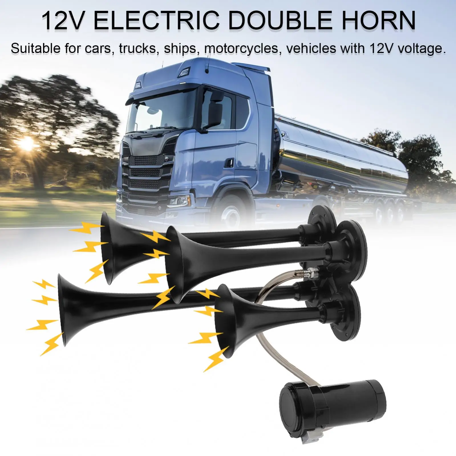 

12V 185db Super Loud 4 Trumpet Air Horn Black Musical Sound Air Horn Fit for Trucks / Cars with Compressor