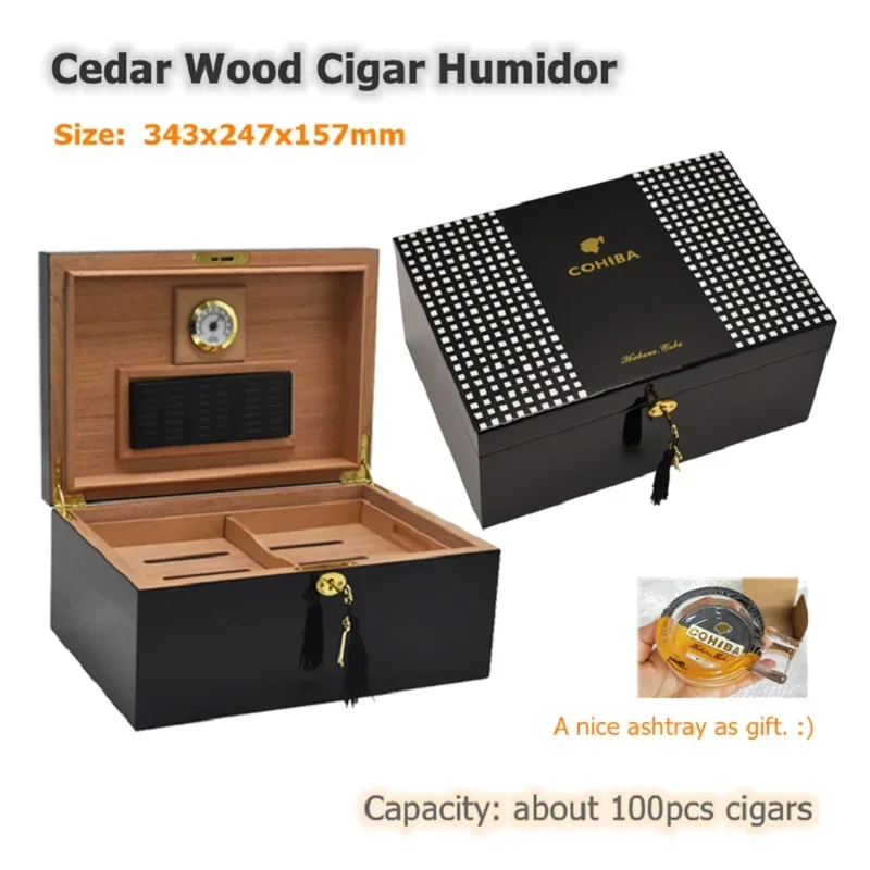 Hot Cigar Humidor 343x247x157mm Large-capacity 100 Cigarettes Cedar Wood Display Box Black Cigar Cabinet Super Cool Quality Case