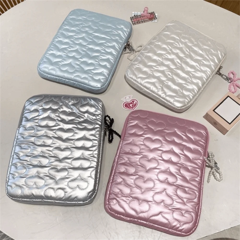 PU Leather Pearl Tablet Storage Bag Large Capacity Heart Bowknot Computer Bag Puffy Design Shockproof Tablet Pouch for School
