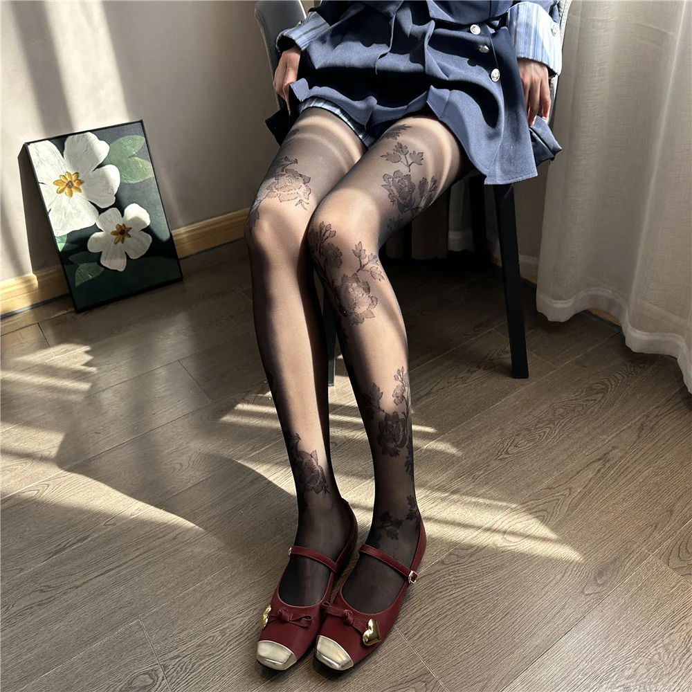 Summer Ultra-Thin Retro Rose Jacquard Women's Pantyhose High-Elastic Lace Sheer Two Colors Hottie Sexy Hosiery Tights