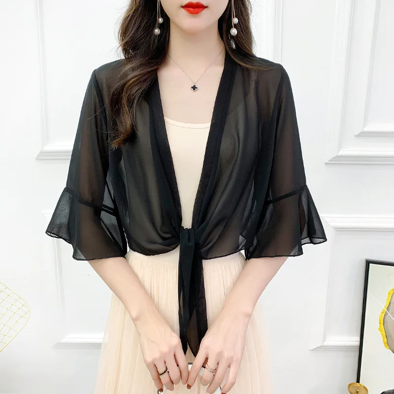 Female Solid Small Jacket Summer Air Conditioning Shirt Thin Chiffon Transparent Sunscreen Shawl Neck Guard Cloak Silk Scarf R13