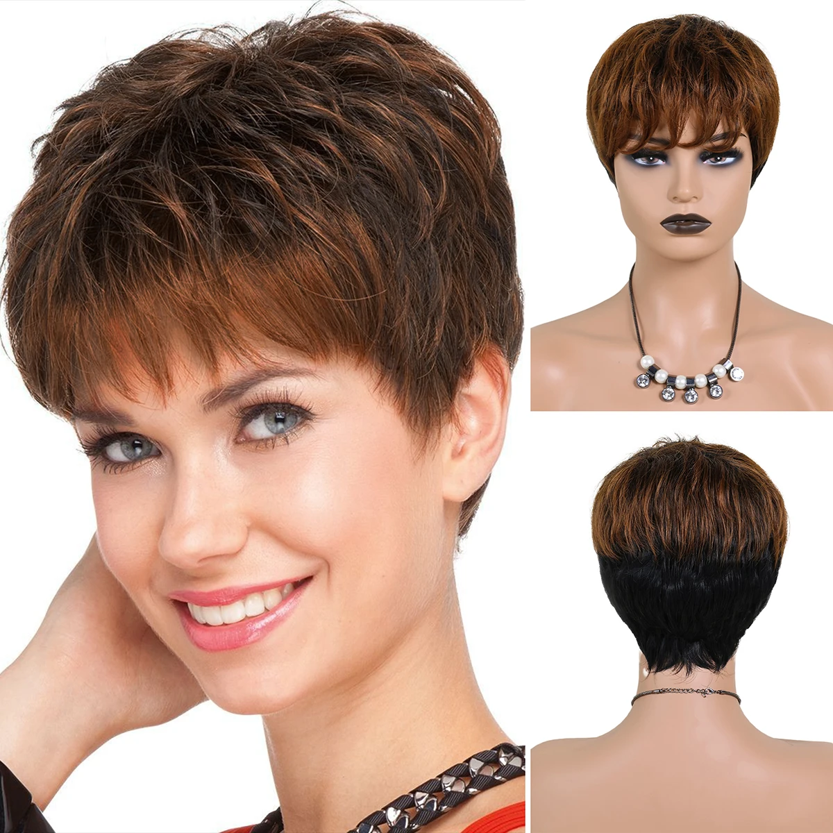 

BCHR Short Brown Wig Natural Side Part Fluffy Synthetic Cosplay Wig for White Women