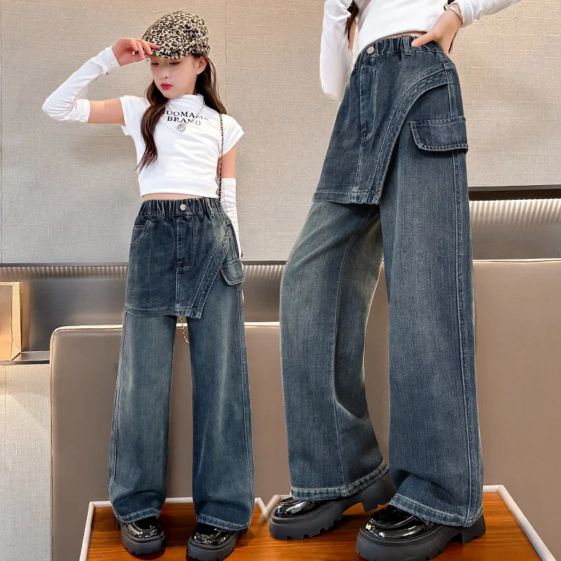 

American Children Retro High Street Jeans with Lace Skirt For Tween Girl Autumn Wide Leg Denim Pants Kids New Design Trousers